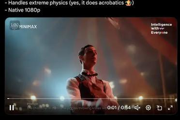 MiniMax秀了波AI视频杂技：越看越惊艳，指令遵循太强了