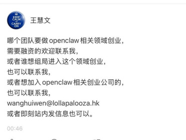 王慧文欲投资OpenClaw赛道，再发英雄帖：「需要融资的欢迎联系我」