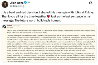 因身体透支，翁荔官宣离开Thinking Machines Lab