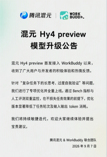 腾讯混元Hy4 preview完成专项优化全量上线，任务轮次与token消耗显著降低