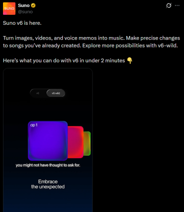 Suno v6 正式上线：图片、视频、语音备忘录一键变音乐，精准编辑歌曲成现实