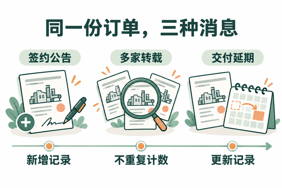 同一份订单:签约新增记录,转载不重复计数,交付延期更新记录